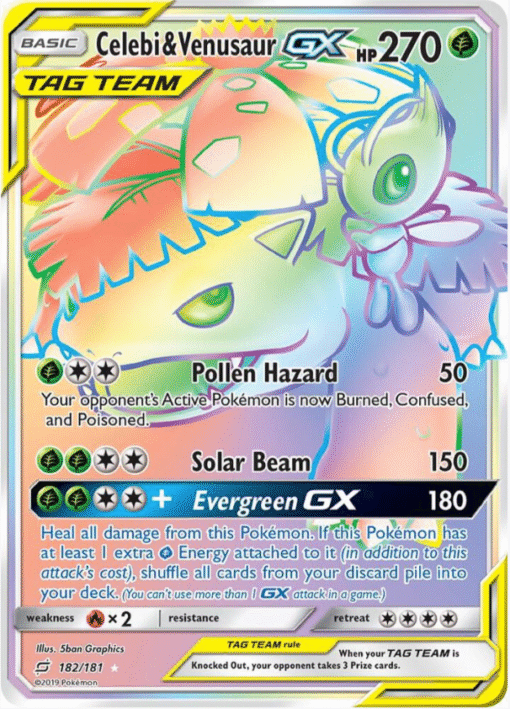 2019 Pokemon Sun & Moon Celebi & Venusaur GX 182/181 Secret Rare Rainbow Holo NM